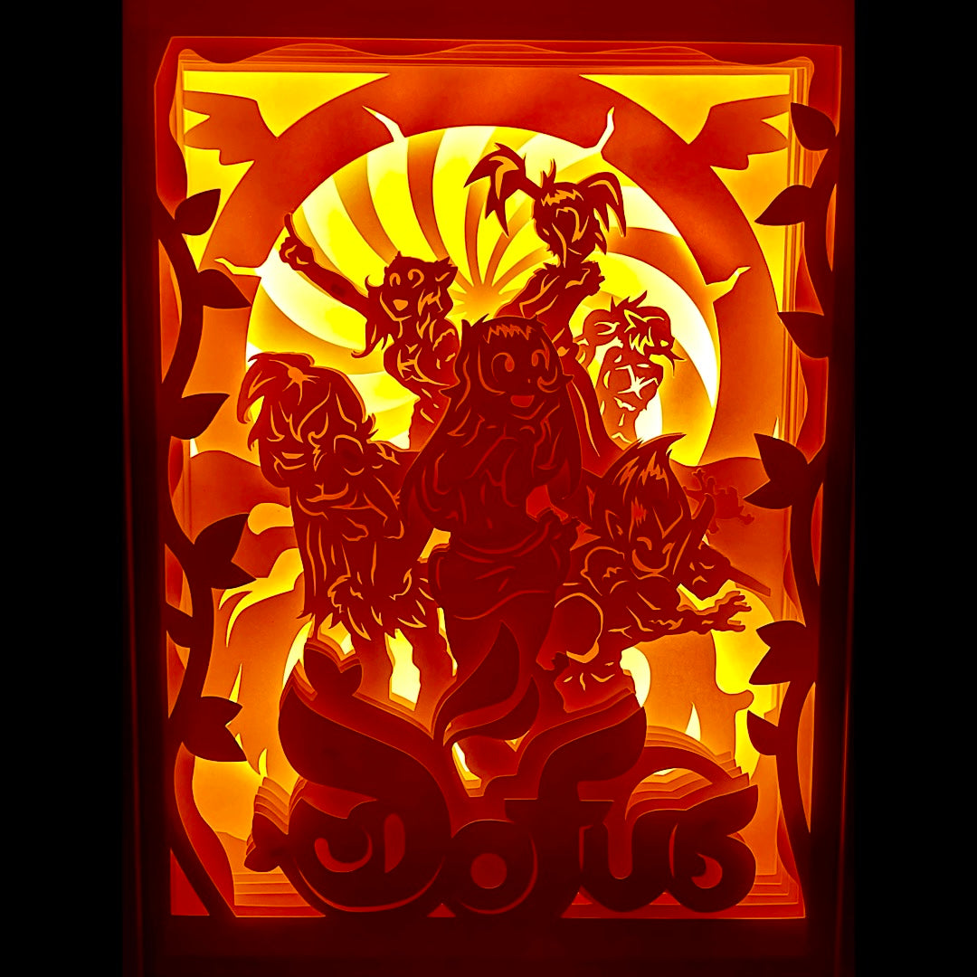 Dofus, Ankama, MMORPG, jeu vidéo en ligne, Wakfu, univers Krosmoz, Bouftou, Tofu, Dragodinde, œufs de dragon, quêtes épiques, monde fantastique, jeu de rôle en ligne, Amakna, Incarnam, Bonta, Brâkmar, jeu culte français, style cartoon, univers coloré, aventure multijoueur, tableau lumineux, lightbox, shadowbox, cadre lumineux, décoration murale, papier découpé, art lumineux, cadeau gamer, idée cadeau geek