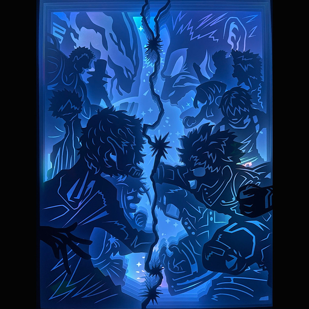 My Hero Academia, Boku no Hero Academia, Kohei Horikoshi, Izuku Midoriya, Deku, All Might, Katsuki Bakugo, Shoto Todoroki, Ochaco Uraraka, Tenya Iida, Endeavor, Tomura Shigaraki, manga culte, anime culte, shonen à succès, pouvoirs héroïques, alter, univers fantastique, lycée Yuei, combat épique, super-héros japonais, tableau lumineux, lightbox, shadowbox, cadre lumineux, papier découpé, art lumineux, décoration murale, idée cadeau manga, déco geek, cadeau otaku