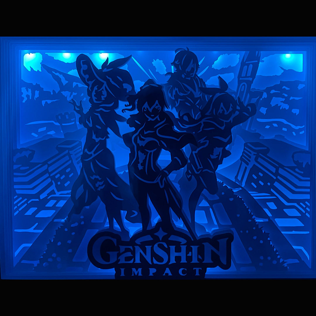 Genshin Impact, miHoYo, HoYoverse, jeu vidéo culte, action RPG, monde ouvert, Teyvat, Archons, Voyageur, Paimon, Mondstadt, Liyue, Inazuma, Sumeru, Fontaine, Natlan, personnages Genshin, Venti, Zhongli, Raiden Shogun, Nahida, Ayaka, Diluc, univers fantastique, magie élémentaire, tableau lumineux, lightbox, shadowbox, cadre lumineux, papier découpé, art lumineux, décoration murale, cadeau gamer, déco geek, idée cadeau otaku