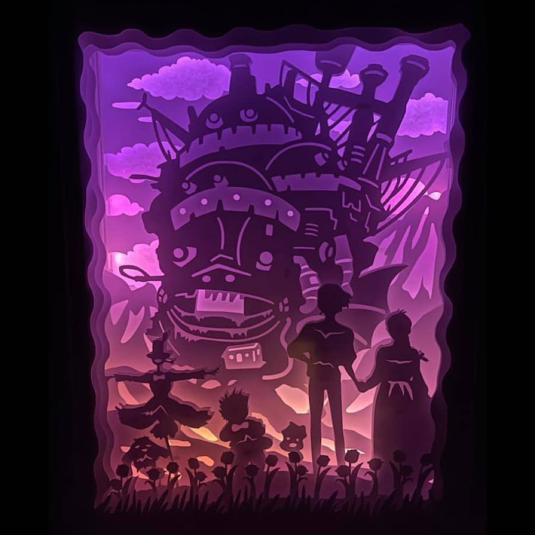Le Château ambulant, Howl’s Moving Castle, Studio Ghibli, Hayao Miyazaki, film d’animation japonais, Sophie, Hauru, Calcifer, univers magique, château mécanique, conte féerique, voyage enchanté, dessin animé culte, héroïne Ghibli, magie et sortilèges, ambiance poétique, monde fantastique, film culte Ghibli, tableau lumineux, lightbox, shadowbox, cadre lumineux, papier découpé, art lumineux, décoration murale, idée cadeau otaku, déco geek, cadeau fan Ghibli