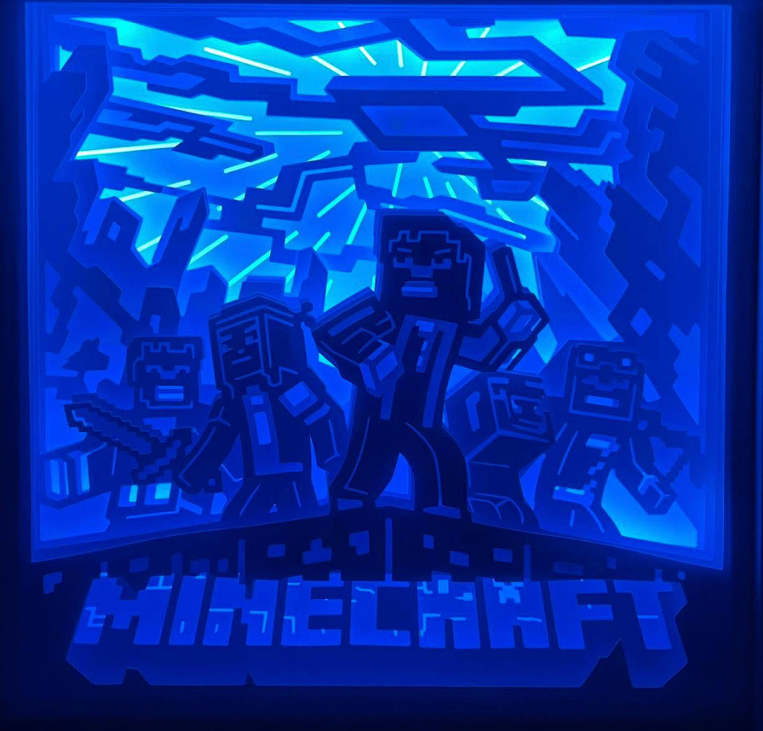 Minecraft, déco chambre enfant, univers cubique, blocs colorés, jeu vidéo pour enfants, Steve, Alex, Creeper, animaux Minecraft, construction créative, pixel art, monde imaginaire, survie et aventure, jeu PC et consoles, univers ludique, cadeau enfant gamer, tableau lumineux, lightbox, shadowbox, cadre lumineux, papier découpé, art lumineux, décoration murale, idée cadeau geek, déco gaming, déco chambre garçon, déco chambre fille, cadeau fan Minecraft