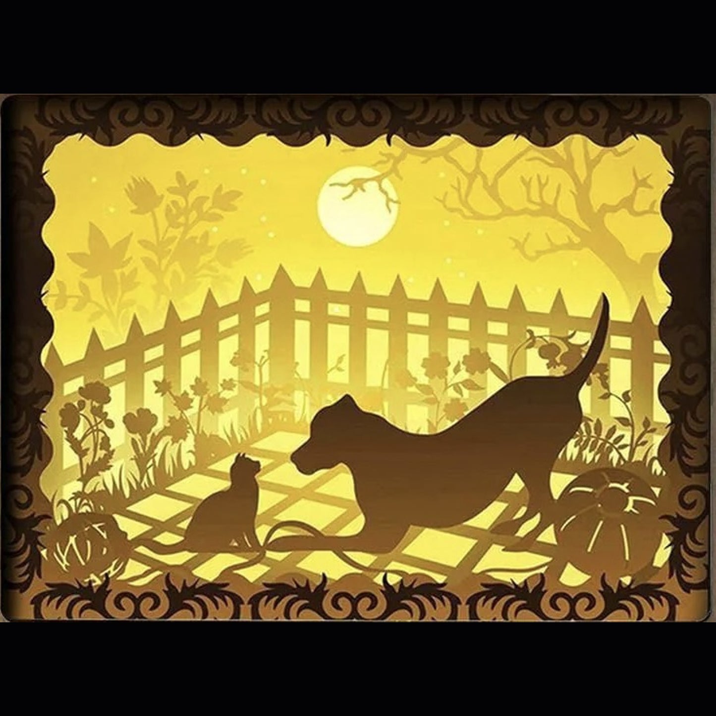 chat et chien, animaux de compagnie, amitié animale, silhouette chien, silhouette chat, jardin au clair de lune, animaux domestiques, univers félin et canin, décoration animaux, tableau lumineux, lightbox, shadowbox, cadre lumineux, papier découpé, art lumineux, déco maison, idée cadeau animaux, déco chaleureuse, scène poétique, ambiance féerique, déco originale, cadeau amoureux des animaux, chien et chat ensemble, nature apaisante