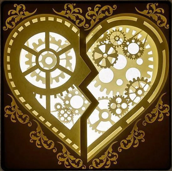 cœur steampunk, heart steampunk, art mécanique, engrenages, rouages, métal et cuivre, univers rétro-futuriste, style victorien, romantisme industriel, design mécanique, amour steampunk, décoration gothique, univers fantastique, art original, tableau lumineux, lightbox, shadowbox, cadre lumineux, papier découpé, art lumineux, idée cadeau original, déco geek, cadeau amoureux, ambiance industrielle, déco rétro