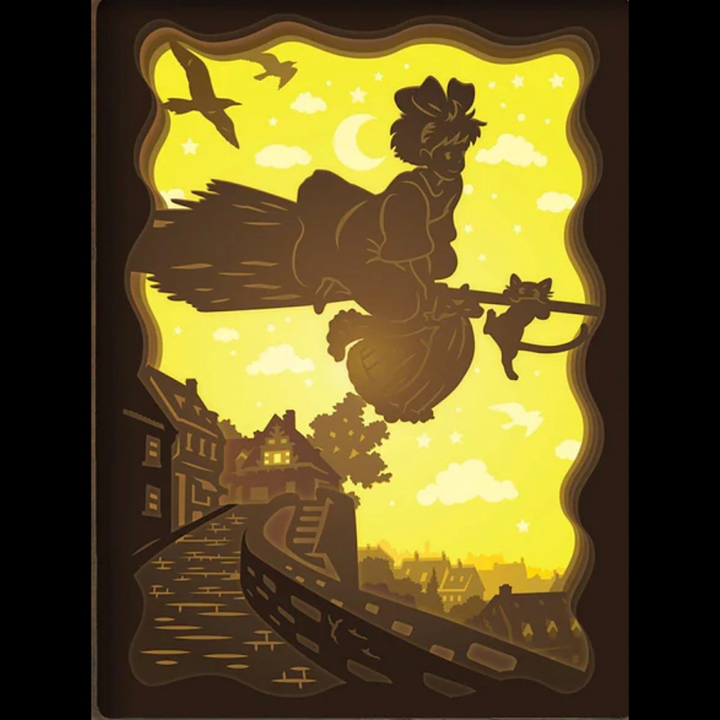 Kiki la petite sorcière, Kiki’s Delivery Service, Studio Ghibli, Hayao Miyazaki, Jiji le chat, film d’animation japonais, sorcière apprentie, balai volant, univers magique, ciel étoilé, ville portuaire, dessin animé culte, manga adapté, héroïne Ghibli, ambiance féerique, voyage initiatique, conte animé, film culte Ghibli, tableau lumineux, lightbox, shadowbox, cadre lumineux, papier découpé, art lumineux, décoration murale, idée cadeau otaku, déco geek, cadeau fan Ghibli