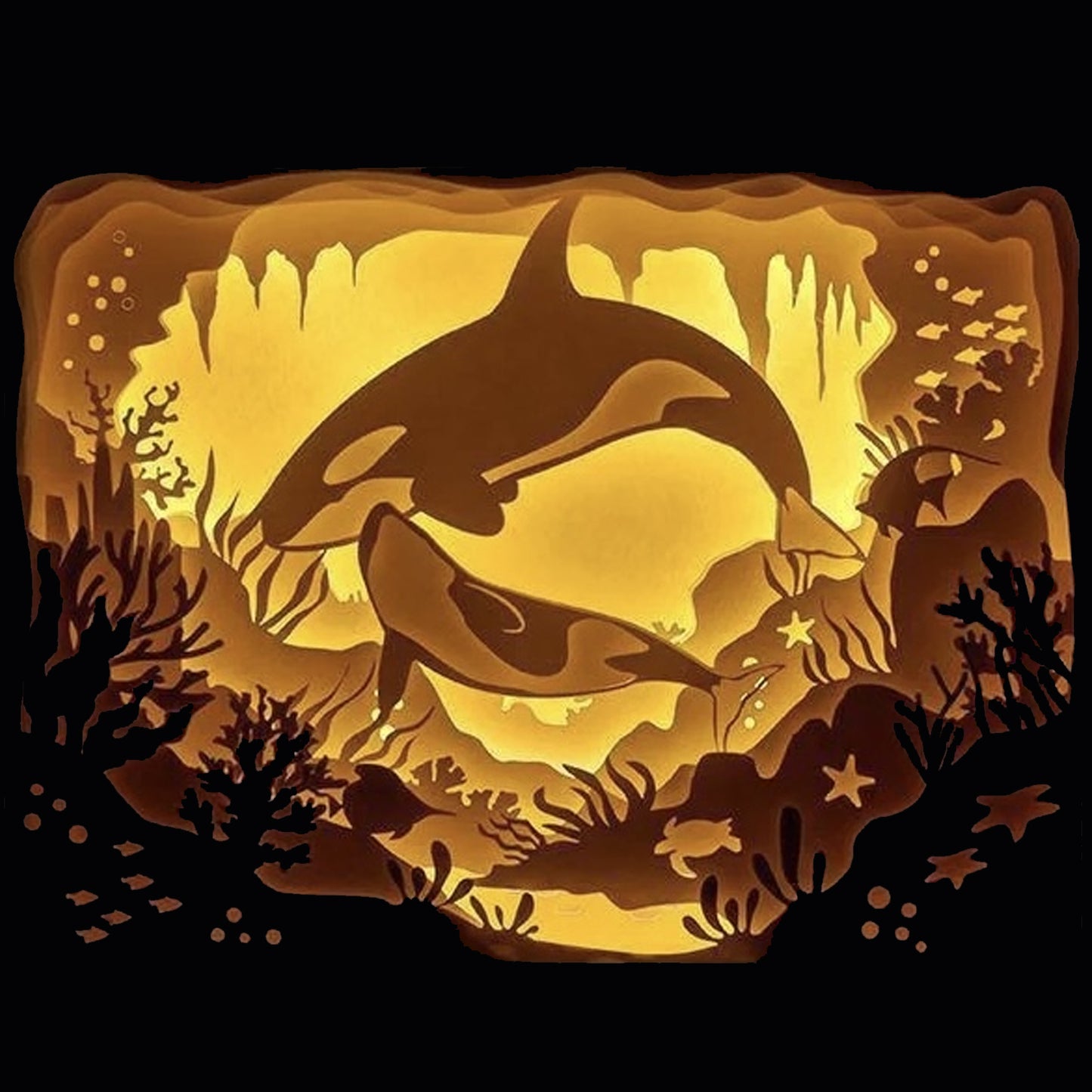 orques, orca, épaulard, baleine tueuse, océan, mer, mammifère marin, faune marine, univers aquatique, plongée sous-marine, animaux marins, banc d’orques, nage synchronisée, nature sauvage, vie marine, géant des mers, symbole de liberté, univers océanique, décor marin, tableau lumineux, lightbox, shadowbox, cadre lumineux, papier découpé, art lumineux, décoration murale, idée cadeau nature, déco marine, ambiance apaisante