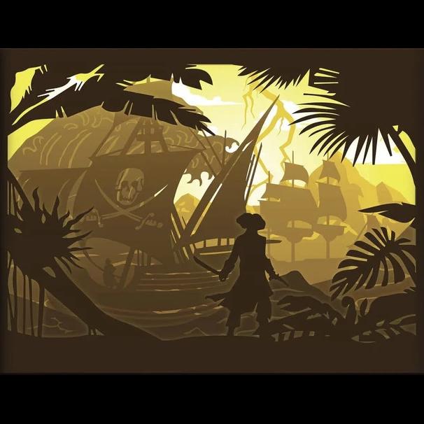 pirate, pirates, bateau pirate, navire corsaire, pavillon noir, crâne et sabres, trésor caché, carte au trésor, île mystérieuse, coffre au trésor, univers marin, océan, mer des Caraïbes, corsaires, abordage, aventure maritime, légende pirate, décor exotique, tableau lumineux, lightbox, shadowbox, cadre lumineux, papier découpé, art lumineux, décoration murale, idée cadeau aventurier, déco marine, ambiance pirate