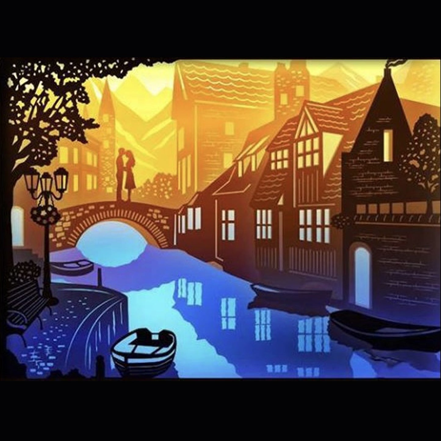 ville au bord de l’eau, paysage urbain, fleuve, rivière, pont illuminé, maisons au bord du fleuve, coucher de soleil sur l’eau, reflets lumineux, cadre lumineux ville, tableau lumineux décoratif, lightbox paysage, shadowbox rivière, décoration murale, papier découpé, idée cadeau maison, ambiance romantique, art lumineux urbain