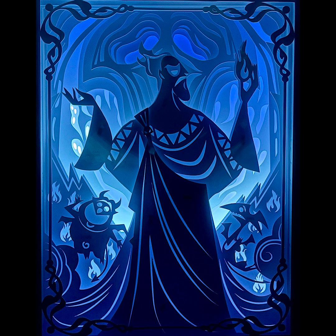 Hadès, dieu des enfers, mythologie grecque, monde souterrain, dieu de la mort, Perséphone, Cerbère, trident, divinité grecque, univers mythologique, panthéon grec, roi des enfers, dieu antique, légende grecque, art mythologique, tableau lumineux, lightbox, shadowbox, cadre lumineux, papier découpé, art lumineux, décoration murale, idée cadeau mythologie, déco antique, ambiance sombre, univers fantastique
