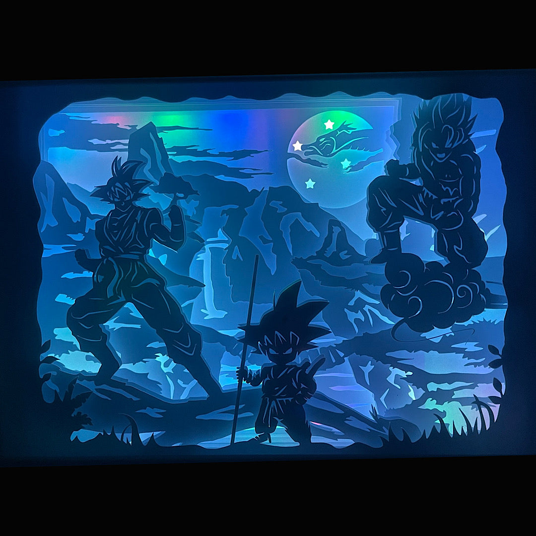 Dragon Ball, Dragon Ball Z, Dragon Ball Super, Akira Toriyama, Son Goku, Vegeta, Sangohan, Piccolo, Freezer, Cell, Majin Buu, Trunks, Kamehameha, super saiyan, Dragon Shenron, boules de cristal, shonen culte, manga légendaire, anime culte, combat épique, univers fantastique, tableau lumineux, lightbox, shadowbox, cadre lumineux, décoration murale, papier découpé, art lumineux, cadeau otaku, idée cadeau manga, déco geek