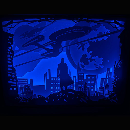 Star Trek, USS Enterprise, capitaine Kirk, Spock, Leonard Nimoy, Jean-Luc Picard, Next Generation, Deep Space Nine, Voyager, Discovery, science-fiction, saga culte, série culte, films Star Trek, vaisseau spatial, Fédération des planètes unies, Klingons, Borgs, exploration spatiale, univers futuriste, aventure galactique, tableau lumineux, lightbox, shadowbox, cadre lumineux, papier découpé, art lumineux, décoration murale, idée cadeau geek, déco sci-fi, cadeau fan Star Trek