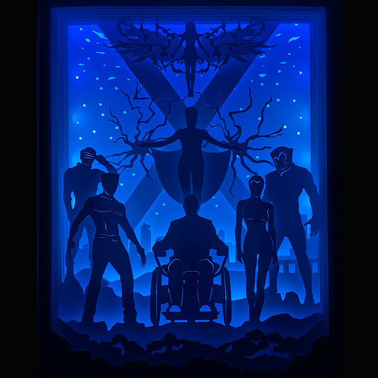 X-Men, Marvel, Charles Xavier, Professeur X, Magneto, Wolverine, Logan, Cyclope, Jean Grey, Phoenix, Tornade, Storm, Diablo, Nightcrawler, Mystique, Gambit, Colossus, mutants Marvel, école des mutants, Xavier Institute, comics cultes, film X-Men, saga Marvel, super-héros mutants, tableau lumineux X-Men, lightbox Marvel, shadowbox super-héros, cadre lumineux, papier découpé, décoration murale, idée cadeau geek, déco Marvel, cadeau fan X-Men