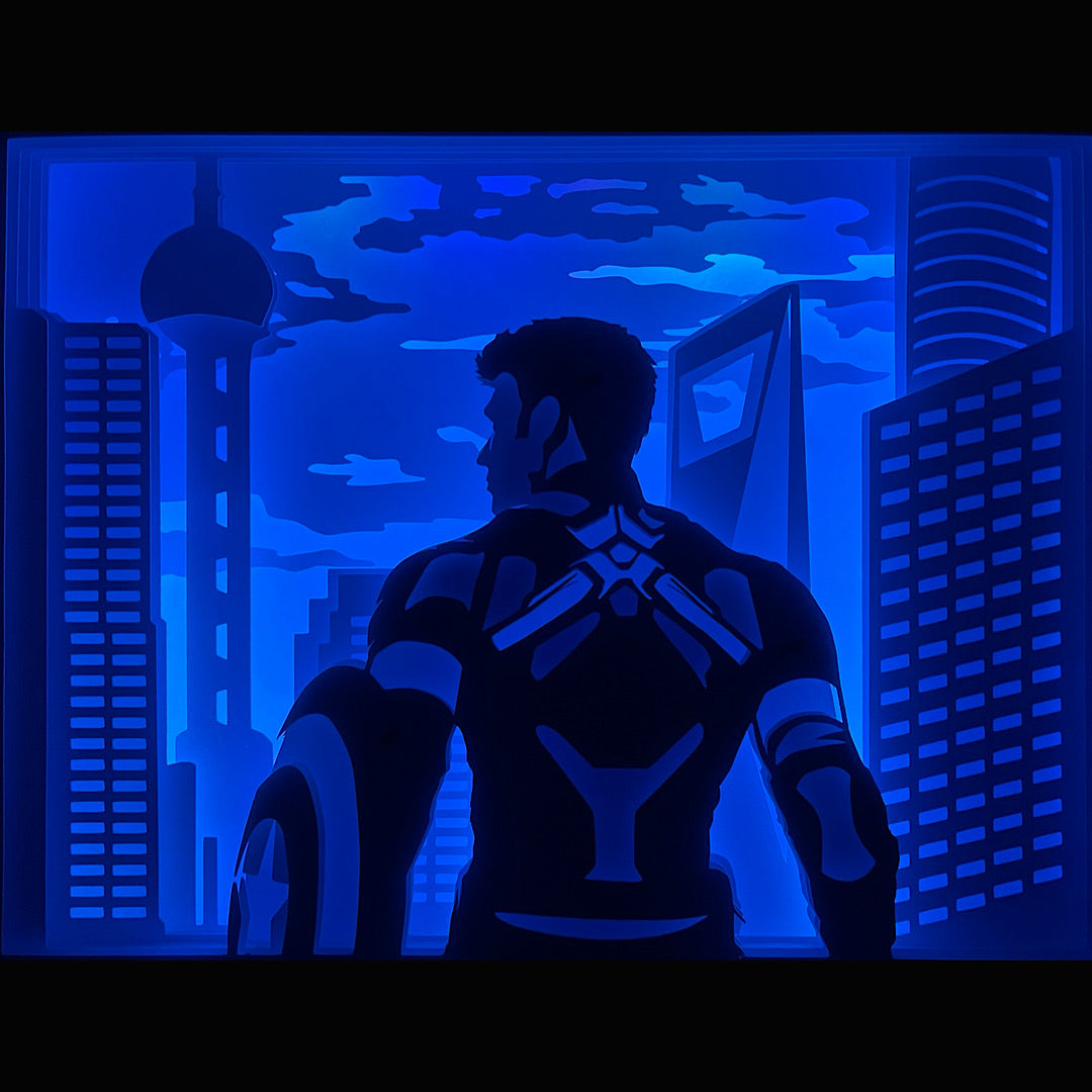 Captain America, Steve Rogers, Marvel, Avengers, MCU, super-soldat, bouclier vibranium, comics Marvel, héros patriotique, super-héros légendaire, film Captain America, First Avenger, Civil War, Infinity War, Endgame, Stan Lee, univers Marvel, héros masqué, combattant de la liberté, tableau lumineux, lightbox, shadowbox, cadre lumineux, décoration murale, papier découpé, art lumineux, idée cadeau Marvel, déco geek, cadeau fan Avengers