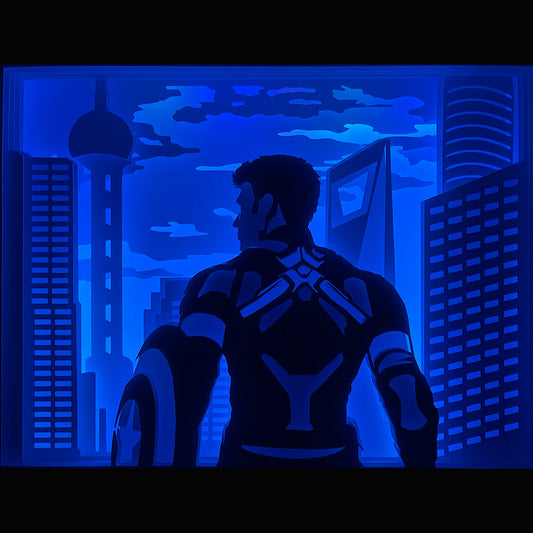 Captain America, Steve Rogers, Marvel, Avengers, MCU, super-soldat, bouclier vibranium, comics Marvel, héros patriotique, super-héros légendaire, film Captain America, First Avenger, Civil War, Infinity War, Endgame, Stan Lee, univers Marvel, héros masqué, combattant de la liberté, tableau lumineux, lightbox, shadowbox, cadre lumineux, décoration murale, papier découpé, art lumineux, idée cadeau Marvel, déco geek, cadeau fan Avengers