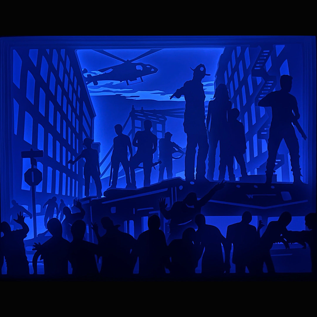 the walking dead, zombie, apocalypse, rick grimes, daryl dixon, survivants, monde post-apocalyptique, série culte, univers sombre, tableau lumineux zombie, lightbox the walking dead, shadowbox horreur, décoration geek, idée cadeau fan de zombies, art lumineux série, papier découpé, décoration murale