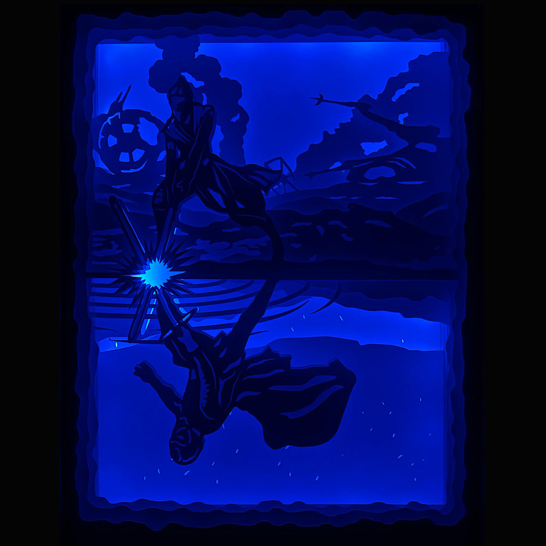 Star Wars, Rey, Kylo Ren, Ben Solo, sabre laser bleu, sabre laser rouge, combat épique, duel Jedi Sith, Résistance, Premier Ordre, Étoile de la Mort, Death Star, trilogie Disney, saga Star Wars, film culte, univers galactique, bataille finale, côté obscur, la Force, science-fiction, aventure spatiale, personnages emblématiques, tableau lumineux, lightbox, shadowbox, cadre lumineux, papier découpé, art lumineux, décoration murale, idée cadeau geek, déco sci-fi, cadeau fan Star Wars