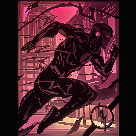 The Flash, DC Comics, Barry Allen, super-héros DC, Justice League, vitesse supersonique, voyage temporel, multivers DC, Central City, Reverse Flash, Zoom, Savitar, Flashpoint, série The Flash, Grant Gustin, Ezra Miller, film The Flash, costume rouge, éclair jaune, comics culte, univers DC, saga super-héros, tableau lumineux, lightbox, shadowbox, cadre lumineux, papier découpé, art lumineux, décoration murale, idée cadeau geek, déco super-héros, cadeau fan DC