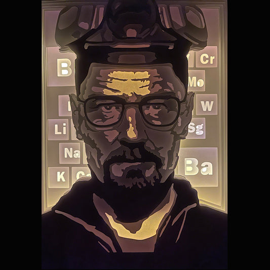 Breaking Bad, Walter White, Heisenberg, Jesse Pinkman, série culte, AMC, meth blue, Los Pollos Hermanos, Saul Goodman, Gustavo Fring, cartel, Albuquerque, chimie, anti-héros, série dramatique, crime organisé, univers sombre, filmographie culte, tableau lumineux, lightbox, shadowbox, cadre lumineux, décoration murale, papier découpé, art lumineux, idée cadeau série, déco geek, cadeau fan Breaking Bad