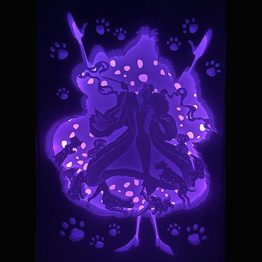 Cruella, Cruella de Vil, Disney, 101 Dalmatiens, méchante Disney, fashion villain, univers gothique, manteau de fourrure, personnage culte, film Cruella, Emma Stone, saga Disney, style punk rock, London, dessin animé culte, tableau lumineux, lightbox, shadowbox, cadre lumineux, papier découpé, art lumineux, décoration murale, idée cadeau Disney, déco geek, méchante emblématique, univers sombre