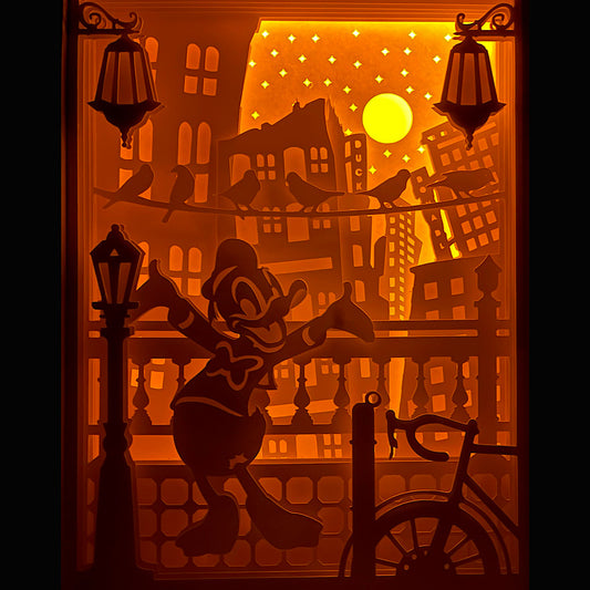 Donald Duck, Disney, Pato Donald, personnage Disney, oncle Donald, Daisy Duck, Riri Fifi Loulou, canard colérique, bande dessinée Disney, dessin animé culte, univers Mickey, maison de Mickey, court-métrages Disney, film d’animation, personnage emblématique, humour Disney, tableau lumineux, lightbox, shadowbox, cadre lumineux, décoration murale, papier découpé, art lumineux, idée cadeau Disney, déco geek, cadeau fan Disney