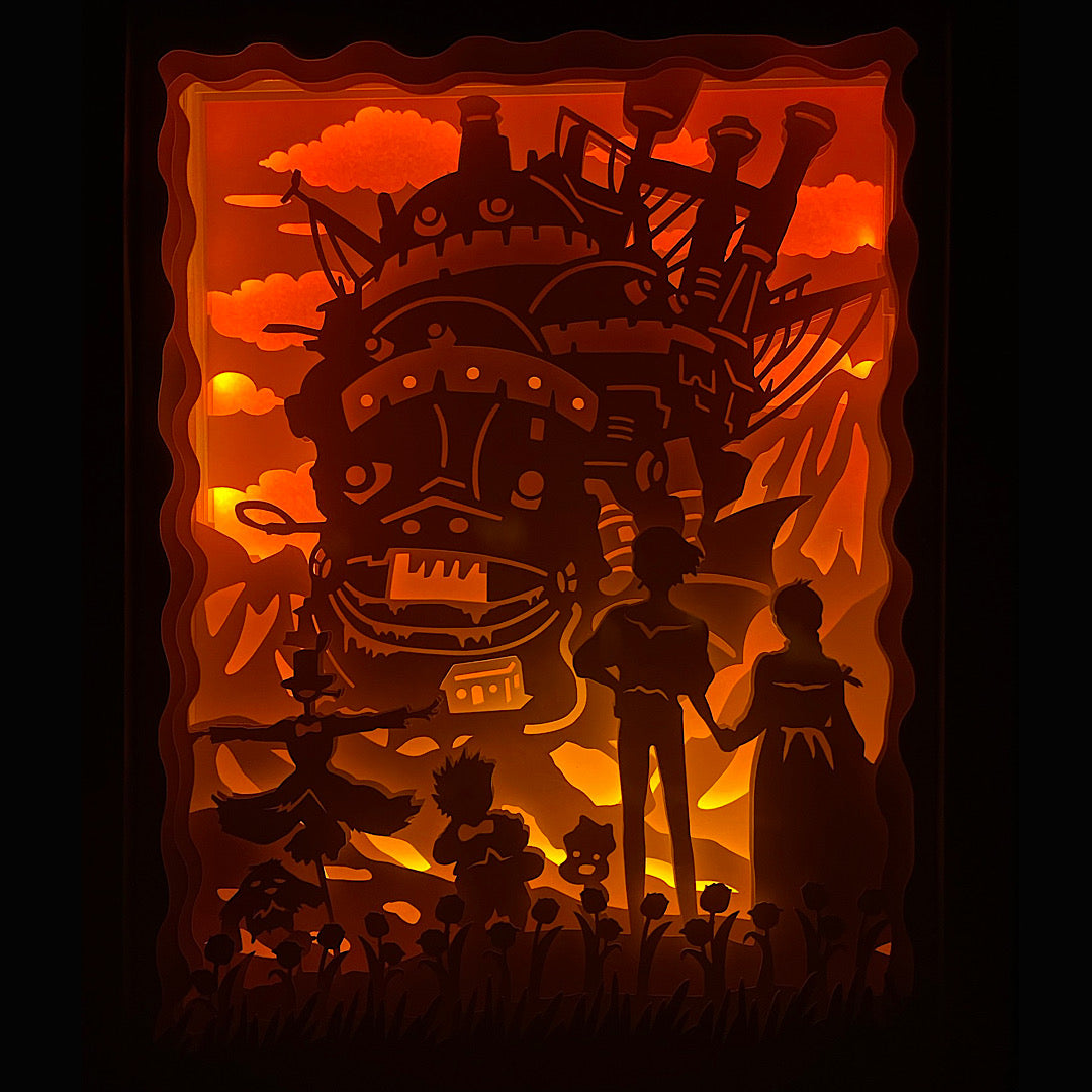 Le Château ambulant, Howl’s Moving Castle, Studio Ghibli, Hayao Miyazaki, film d’animation japonais, Sophie, Hauru, Calcifer, univers magique, château mécanique, conte féerique, voyage enchanté, dessin animé culte, héroïne Ghibli, magie et sortilèges, ambiance poétique, monde fantastique, film culte Ghibli, tableau lumineux, lightbox, shadowbox, cadre lumineux, papier découpé, art lumineux, décoration murale, idée cadeau otaku, déco geek, cadeau fan Ghibli