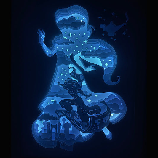 Jasmine, princesse Jasmine, Disney, Aladdin, Agrabah, palais du Sultan, tapis volant, Génie, Jafar, conte des Mille et une nuits, princesse orientale, film d’animation culte, héroïne Disney, amour magique, univers féerique, dessin animé culte, magie Disney, princesse orientale, tableau lumineux, lightbox, shadowbox, cadre lumineux, papier découpé, art lumineux, décoration murale, idée cadeau Disney, déco féerique, cadeau geek