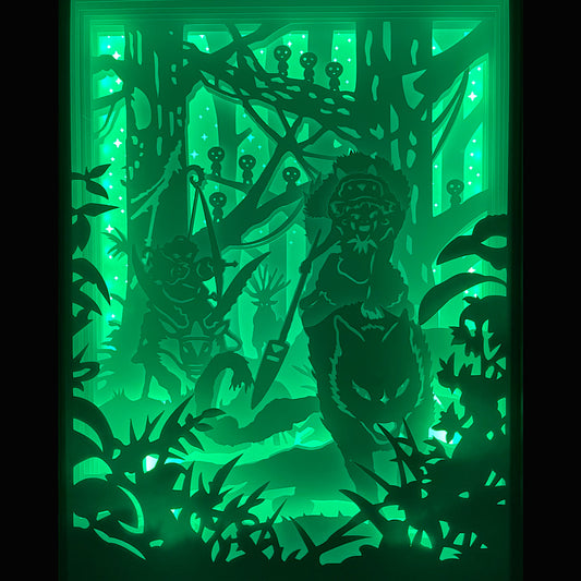 Princesse Mononoké, Mononoke Hime, Studio Ghibli, Hayao Miyazaki, San, Ashitaka, Moro, Kodama, esprit de la forêt, Shishigami, film d’animation culte, univers fantastique, dessin animé japonais, nature et spiritualité, légende japonaise, conflit hommes et nature, héroïne Ghibli, saga culte Ghibli, personnage emblématique, tableau lumineux, lightbox, shadowbox, cadre lumineux, papier découpé, art lumineux, décoration murale, idée cadeau otaku, déco geek, cadeau fan Ghibli