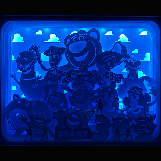 toy story, buzz l eclair, woody, jessie, fourchette, lotso, disney pixar, dessin animé culte, film d animation, jouets vivants, buzz et woody, décor enfant, chambre enfant, cadre lumineux disney, lightbox toy story, shadowbox toy story, tableau lumineux disney pixar, papier découpé, déco geek, décoration disney, idée cadeau disney, cadeau pixar, film culte disney, univers pixar