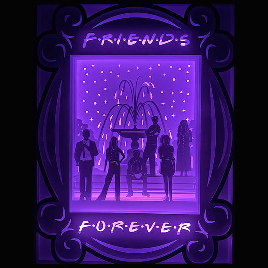 Friends, série Friends, Central Perk, New York, sitcom culte, Rachel Green, Monica Geller, Phoebe Buffay, Joey Tribbiani, Chandler Bing, Ross Geller, canapé orange, fontaine Friends, années 90, générique culte, humour, amitié, série télé culte, Warner Bros, univers comédie, tableau lumineux, lightbox, shadowbox, cadre lumineux, papier découpé, art lumineux, décoration murale, idée cadeau série, déco geek, cadeau fan Friends