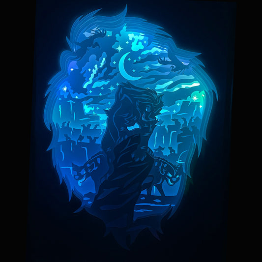 Scar, Le Roi Lion, Disney, frère de Mufasa, oncle de Simba, méchant Disney, trahison, complot, hyènes, Mufasa, Simba, scène culte, film d’animation légendaire, dessin animé Disney, univers félin, personnage emblématique, méchant charismatique, savane africaine, chanson Soyez prêtes, saga Disney, tableau lumineux, lightbox, shadowbox, cadre lumineux, papier découpé, art lumineux, décoration murale, idée cadeau Disney, déco geek, cadeau fan Le Roi Lion