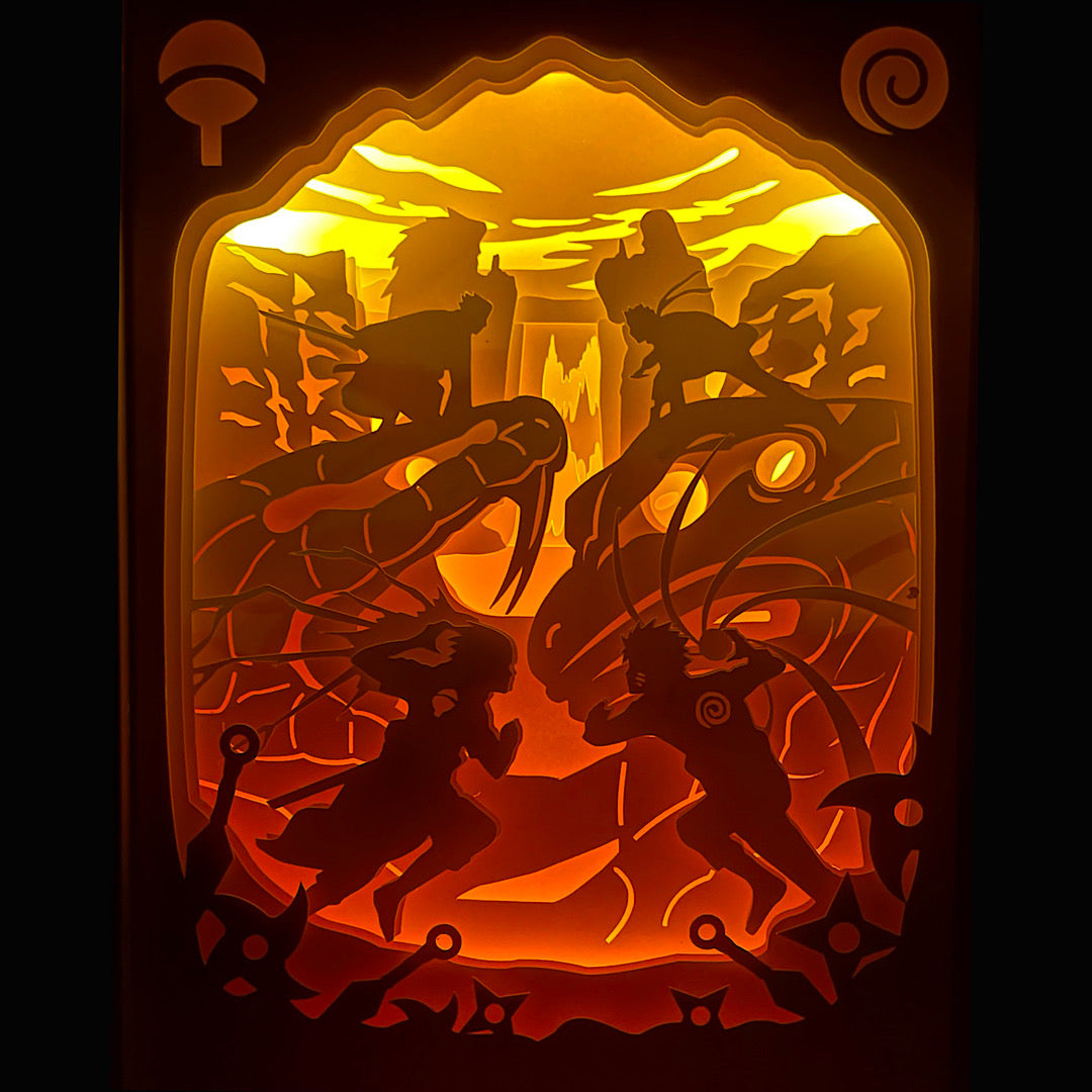 Naruto, Naruto Shippuden, Masashi Kishimoto, Uzumaki Naruto, Sasuke Uchiha, combat final, Vallée de la Fin, Kyubi, Sharingan, Rinnegan, Susanoo, Bijuu, ninjutsu, genjutsu, shonen culte, manga culte, anime culte, rivalité légendaire, affrontement épique, univers ninja, Konoha, Hokage, tableau lumineux, lightbox, shadowbox, cadre lumineux, papier découpé, art lumineux, décoration murale, idée cadeau manga, déco geek, cadeau otaku