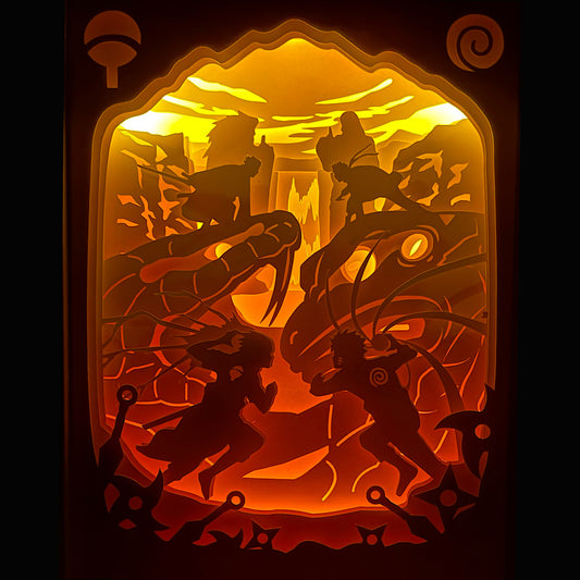 Naruto, Naruto Shippuden, Masashi Kishimoto, Uzumaki Naruto, Sasuke Uchiha, combat final, Vallée de la Fin, Kyubi, Sharingan, Rinnegan, Susanoo, Bijuu, ninjutsu, genjutsu, shonen culte, manga culte, anime culte, rivalité légendaire, affrontement épique, univers ninja, Konoha, Hokage, tableau lumineux, lightbox, shadowbox, cadre lumineux, papier découpé, art lumineux, décoration murale, idée cadeau manga, déco geek, cadeau otaku