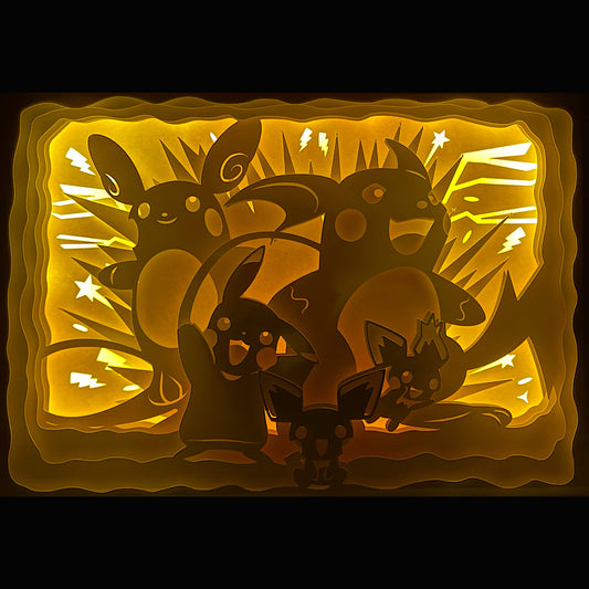 Pokémon, Pokemon, Pichu, Pikachu, Raichu, Alolan Raichu, évolution Pikachu, starter Pokémon, type électrique, attaque éclair, Tonnerre, pokédex, Sacha, dresseur Pokémon, manga culte, anime culte, jeu vidéo Pokémon, créature légendaire, univers Pokémon, mascotte Pokémon, personnage emblématique, tableau lumineux, lightbox, shadowbox, cadre lumineux, papier découpé, art lumineux, décoration murale, idée cadeau geek, déco otaku, cadeau fan Pokémon