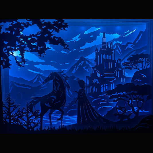 La Reine des Neiges, Frozen, Disney, Elsa, Anna, Olaf, Kristoff, Sven, Arendelle, château de glace, pouvoirs de glace, magie Disney, conte de fées, film d’animation culte, univers féerique, Let it Go, dessin animé Disney, princesse Disney, héroïnes Disney, neige magique, décor enneigé, tableau lumineux, lightbox, shadowbox, cadre lumineux, papier découpé, art lumineux, décoration murale, idée cadeau Disney, déco féerique, cadeau fan Disney