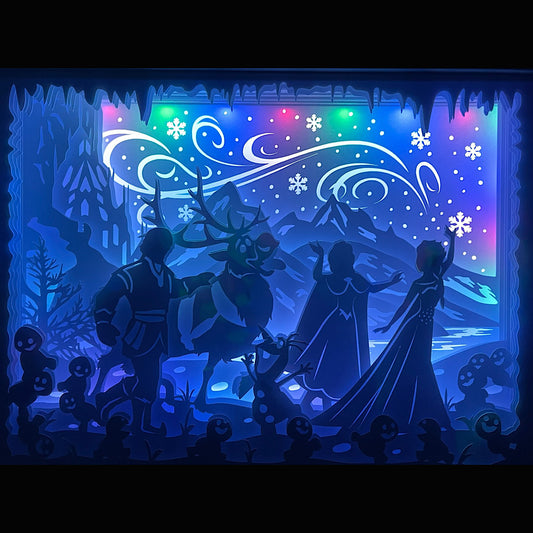 La Reine des Neiges, Frozen, Disney, Elsa, Anna, Olaf, Kristoff, Sven, Arendelle, château de glace, univers féerique, magie glacée, film d’animation culte, conte de fées, dessin animé Disney, héros Disney, princesse Disney, neige enchantée, personnages Frozen, Let it Go, aventure magique, tableau lumineux, lightbox, shadowbox, cadre lumineux, papier découpé, art lumineux, décoration murale, idée cadeau Disney, déco féerique, cadeau fan Disney