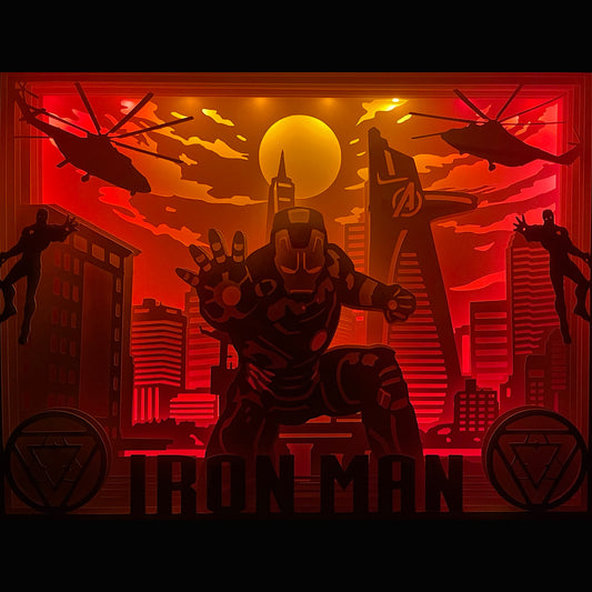 Iron Man, Tony Stark, Marvel, Avengers, MCU, armure Iron Man, Mark I, Mark L, technologie Stark, génie milliardaire, super-héros Marvel, Stan Lee, Robert Downey Jr, film Iron Man, saga Avengers, Endgame, Infinity War, héros légendaire, univers Marvel, comics cultes, tableau lumineux, lightbox, shadowbox, cadre lumineux, papier découpé, art lumineux, décoration murale, idée cadeau Marvel, déco geek, cadeau fan Avengers