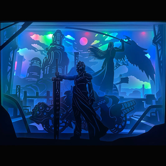 Final Fantasy VII, FF7, Square Enix, Cloud Strife, Sephiroth, Tifa Lockhart, Aerith Gainsborough, Barret Wallace, Vincent Valentine, Red XIII, Midgar, Buster Sword, épée légendaire, SOLDAT, Shinra, Avalanche, RPG culte, jeu vidéo légendaire, remake FF7, univers fantasy, saga Final Fantasy, tableau lumineux, lightbox, shadowbox, cadre lumineux, papier découpé, art lumineux, décoration murale, idée cadeau gamer, déco geek, cadeau fan Final Fantasy