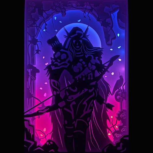sylvanas coursevent, sylvanas windrunner, world of warcraft, wow, warcraft, blizzard, banshee, reine banshee, chef de guerre, horde, orgrimmar, elfes, forestière elfique, dark ranger, shadowlands, univers fantastique, personnage emblématique, héroïne sombre, jeu vidéo culte, tableau lumineux sylvanas, lightbox wow, shadowbox warcraft, cadre lumineux, papier découpé, décoration geek, idée cadeau gamer, déco fantasy, cadeau fan wow