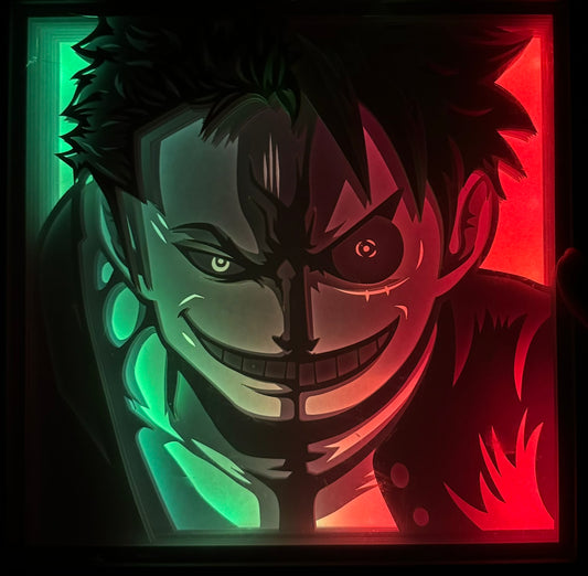 One Piece, Luffy, Monkey D. Luffy, Roronoa Zoro, Mugiwara, Chapeau de paille, épéiste légendaire, Gear 5, katana, Haki, Grand Line, équipage des Mugiwara, tableau lumineux One Piece, lightbox One Piece, shadowbox anime, cadre lumineux manga, décoration geek, art lumineux pirate, idée cadeau otaku, décoration murale One Piece, univers Eiichiro Oda, aventure épique