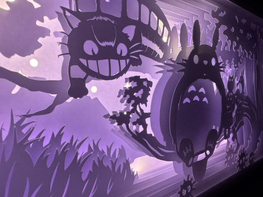 totoro, mon voisin totoro, studio ghibli, miyazaki, chatbus, poussières noires, créatures ghibli, univers magique, esprit de la forêt, dessin animé culte, film d’animation japonais, hayao miyazaki, chihiro, princesse mononoké, kiki la petite sorcière, décoration japonaise, tableau lumineux, shadowbox, lightbox, art lumineux, cadre lumineux, papier découpé, idée cadeau ghibli, déco geek, déco chambre enfant