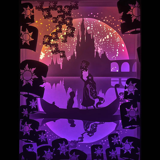 Raiponce, Tangled, Disney, princesse Raiponce, Flynn Rider, Pascal, Maximus, Mère Gothel, cheveux magiques, tour de Raiponce, lanternes flottantes, royaume de Corona, film d’animation culte, univers féerique, conte de fées, princesse Disney, romance magique, dessin animé Disney, aventure enchantée, chanson Je veux y croire, magie Disney, tableau lumineux, lightbox, shadowbox, cadre lumineux, papier découpé, art lumineux, décoration murale, idée cadeau Disney, déco féerique, cadeau fan Disney