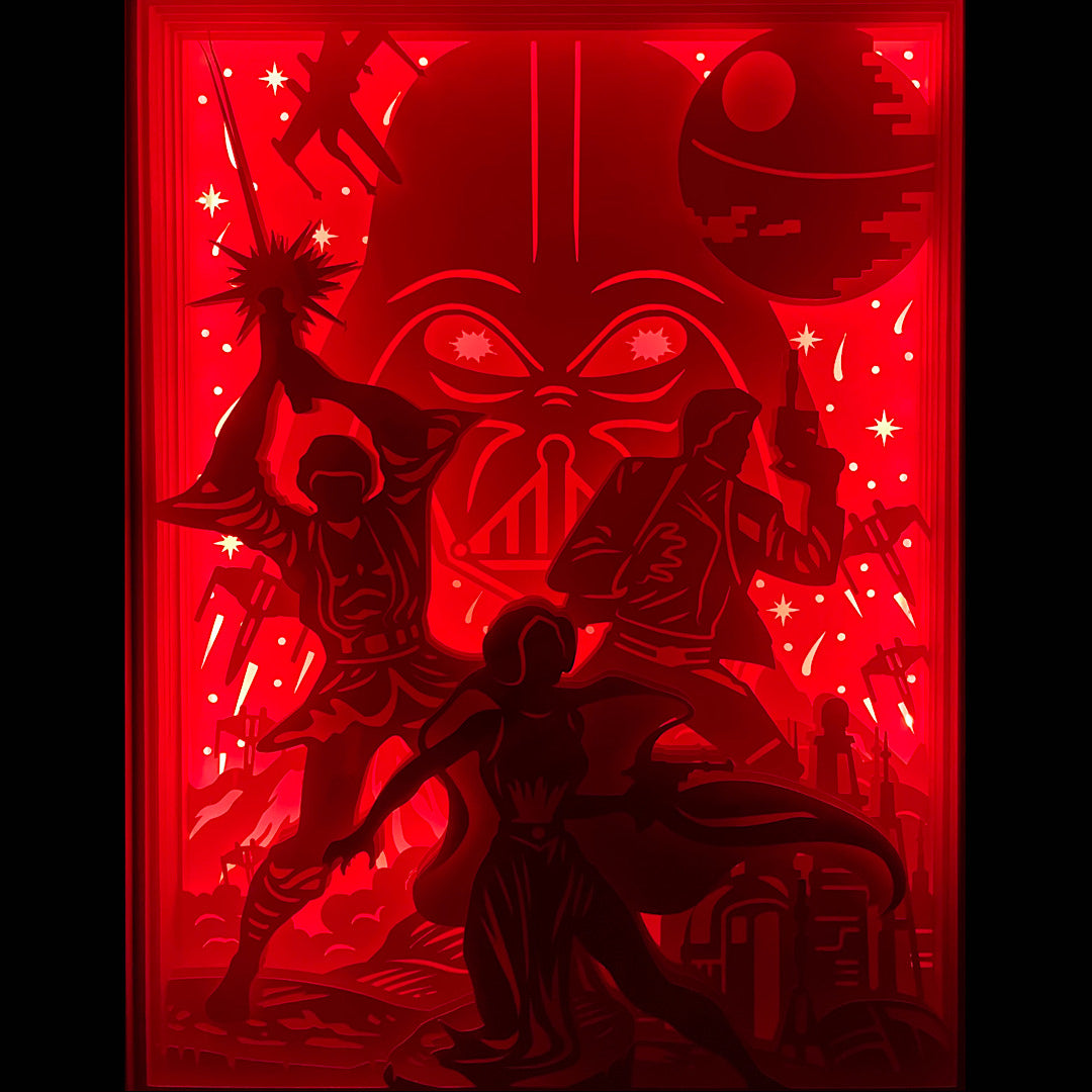 Star Wars, trilogie originale, Luke Skywalker, Princesse Leia, Han Solo, Dark Vador, Darth Vader, Étoile de la Mort, Death Star, sabre laser, Jedi, Sith, Empire galactique, Alliance rebelle, X-Wing, science-fiction, film culte, George Lucas, univers galactique, bataille spatiale, aventure intergalactique, saga légendaire, tableau lumineux, lightbox, shadowbox, cadre lumineux, papier découpé, art lumineux, décoration murale, idée cadeau geek, déco sci-fi, cadeau fan Star Wars