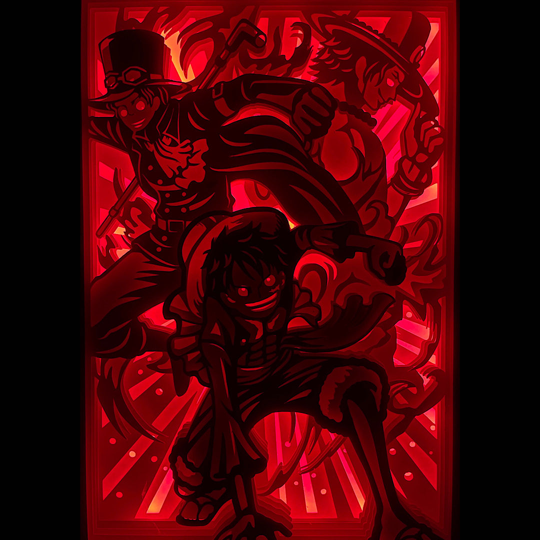 One Piece, Eiichiro Oda, manga culte, anime culte, Luffy, Ace, Sabo, frères jurés, Mugiwara, équipage du chapeau de paille, pirate au chapeau de paille, Portgas D. Ace, pouvoir du feu, fruit du démon Mera Mera no Mi, Révolutionnaires, Grand Line, Nouveau Monde, amitié fraternelle, saga One Piece, combat épique, univers fantastique, tableau lumineux, lightbox, shadowbox, cadre lumineux, papier découpé, art lumineux, décoration murale, idée cadeau manga, déco geek, cadeau otaku