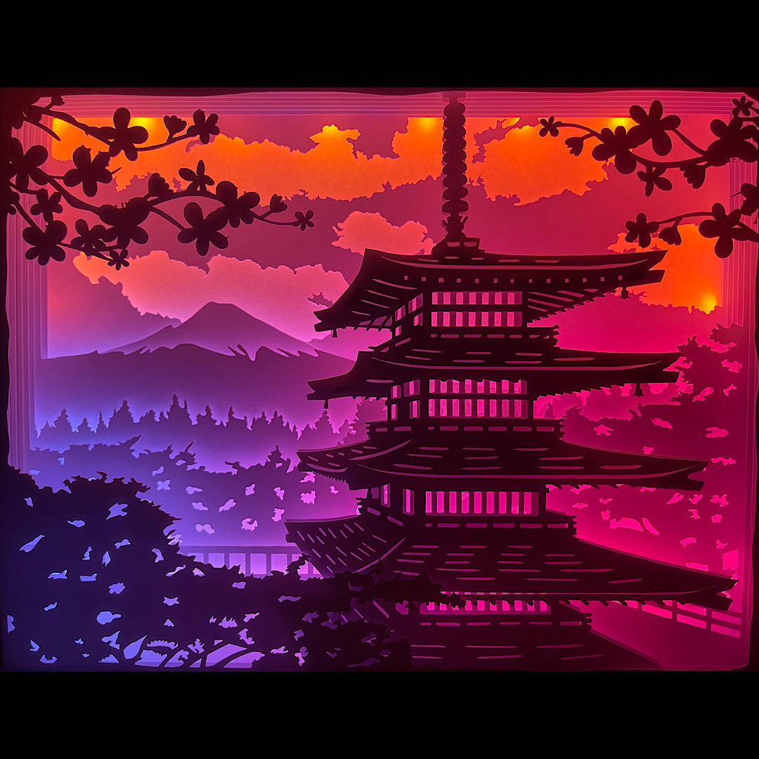 pagode, temple japonais, architecture asiatique, sanctuaire, torii, mont Fuji, cerisiers en fleurs, sakura, paysage japonais, culture nippone, spiritualité, méditation, zen, univers asiatique, voyage au Japon, décor traditionnel, symbole du Japon, tableau lumineux, lightbox, shadowbox, cadre lumineux, papier découpé, art lumineux, décoration murale, idée cadeau voyage, déco japonaise, ambiance méditative, art spirituel