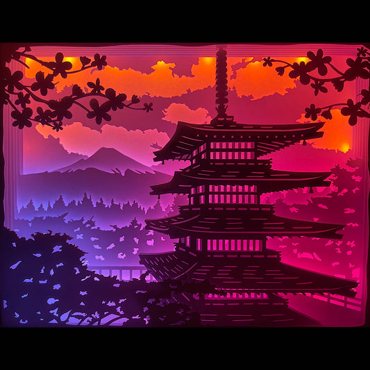 pagode, temple japonais, architecture asiatique, sanctuaire, torii, mont Fuji, cerisiers en fleurs, sakura, paysage japonais, culture nippone, spiritualité, méditation, zen, univers asiatique, voyage au Japon, décor traditionnel, symbole du Japon, tableau lumineux, lightbox, shadowbox, cadre lumineux, papier découpé, art lumineux, décoration murale, idée cadeau voyage, déco japonaise, ambiance méditative, art spirituel