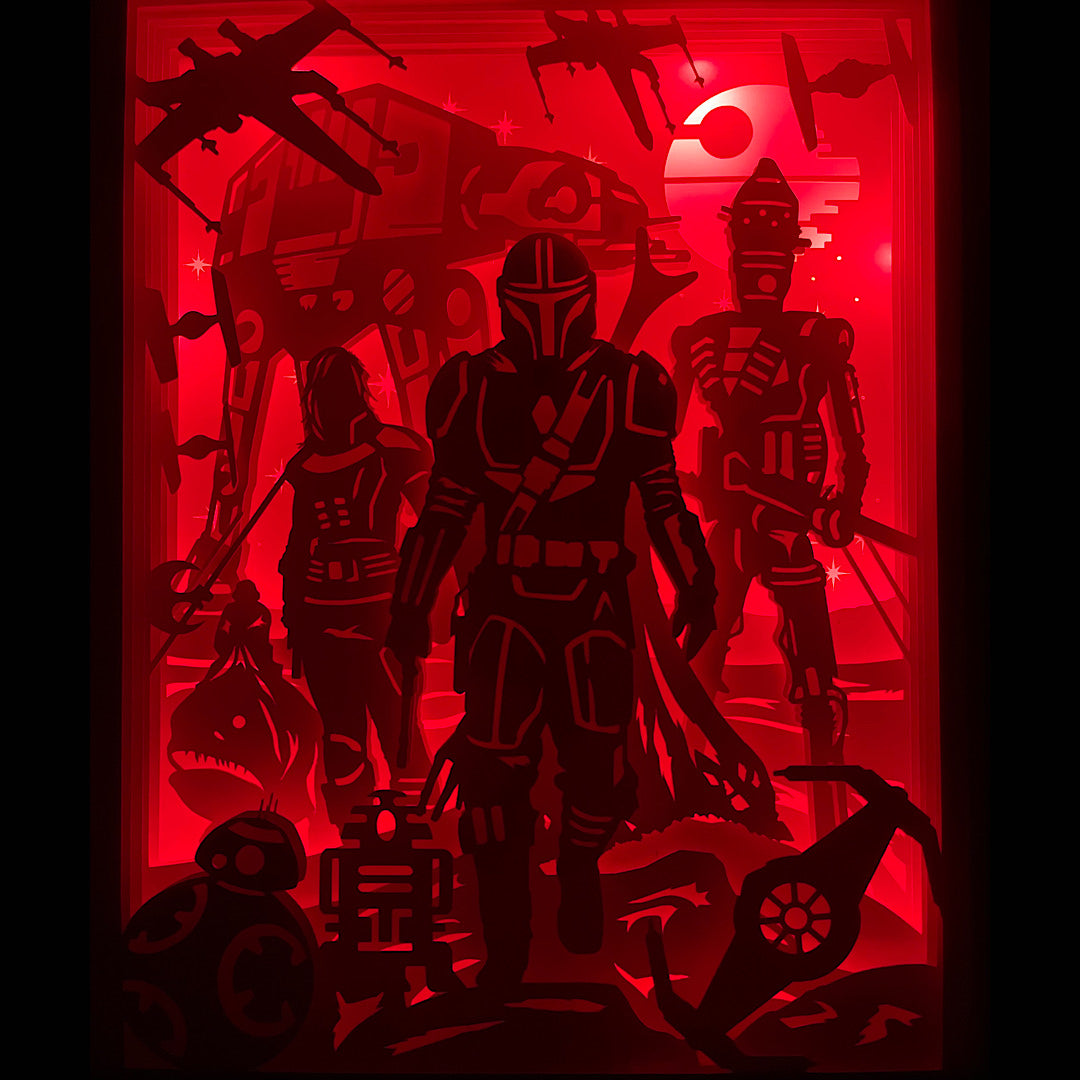 The Mandalorian, Star Wars, Din Djarin, Mando, Grogu, Baby Yoda, Jedi, sabre noir, Darksaber, Beskar, armure mandalorienne, chasseur de primes, galaxie lointaine, univers Star Wars, Disney Plus, série culte, saga Star Wars, Luke Skywalker, vaisseau Razor Crest, aventure galactique, personnage emblématique, tableau lumineux, lightbox, shadowbox, cadre lumineux, papier découpé, art lumineux, décoration murale, idée cadeau Star Wars, déco geek, cadeau fan Star Wars
