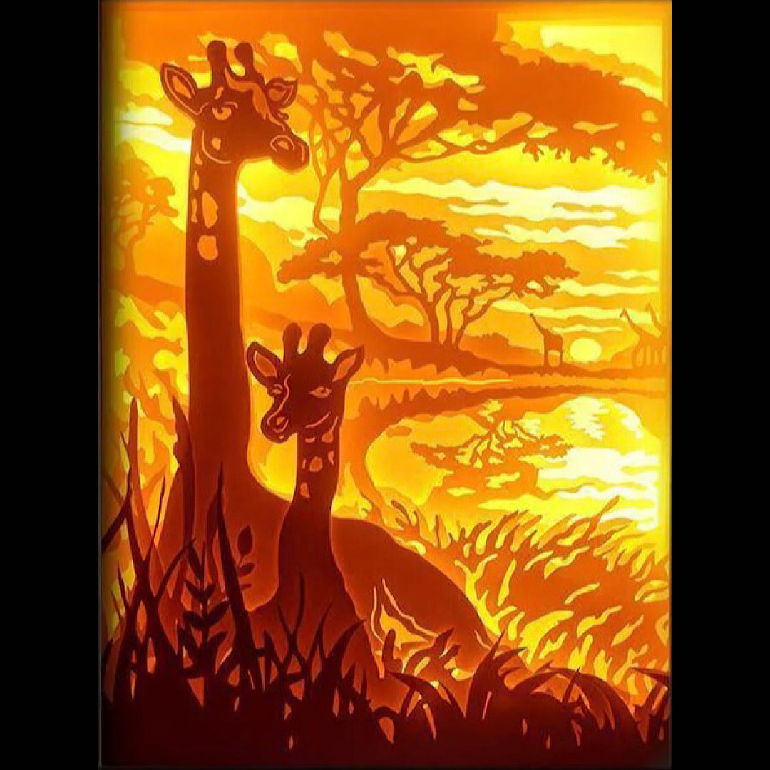 girafe, girafes, animaux sauvages, faune africaine, savane, Serengeti, Kenya, Tanzanie, nature africaine, long cou, animaux majestueux, troupeau de girafes, décor exotique, univers naturel, safari, Afrique, horizon doré, coucher de soleil, panorama africain, tableau lumineux, lightbox, shadowbox, cadre lumineux, papier découpé, art lumineux, décoration murale, idée cadeau nature, déco exotique, ambiance zen