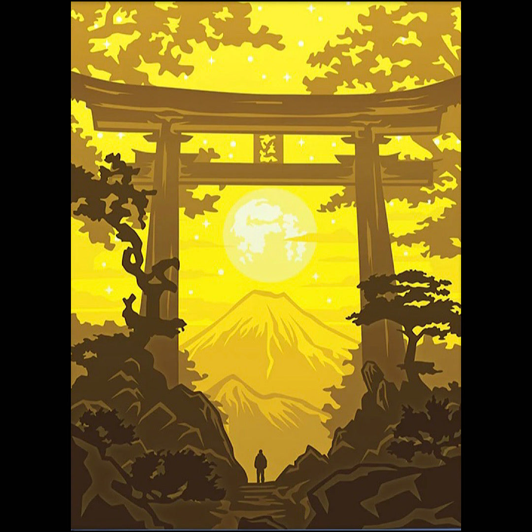 torii japonais, mont Fuji, Fuji-san, sanctuaire shinto, temple japonais, Japon traditionnel, spiritualité japonaise, culture nippone, cerisiers en fleurs, sakura, lac Kawaguchi, paysage japonais, univers zen, méditation, voyage au Japon, décor spirituel, architecture japonaise, nature et montagne, panorama majestueux, tableau lumineux, lightbox, shadowbox, cadre lumineux, papier découpé, art lumineux, décoration murale, idée cadeau zen, déco japonaise, ambiance méditative