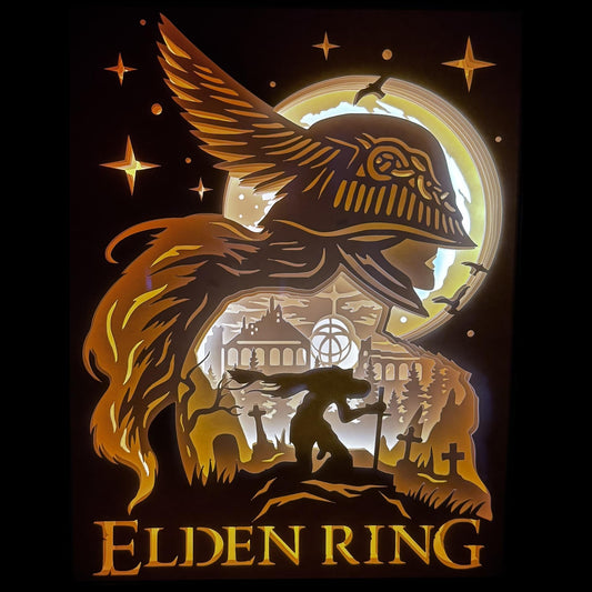 Elden Ring, FromSoftware, Hidetaka Miyazaki, George R. R. Martin, action RPG, jeu vidéo culte, univers dark fantasy, Lands Between, Sans-éclat, boss Elden Ring, Malenia, Radahn, Margit, Ranni, rune d’Elden, monde ouvert, difficulté extrême, héritier de Dark Souls, fantasy épique, tableau lumineux, lightbox, shadowbox, cadre lumineux, décoration murale, papier découpé, art lumineux, cadeau gamer, idée cadeau geek, déco jeu vidéo
