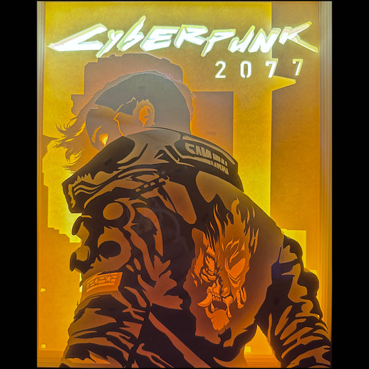Cyberpunk 2077, V, Johnny Silverhand, Keanu Reeves, Night City, CD Projekt Red, univers cyberpunk, futur dystopique, implants cybernétiques, samouraï, RPG futuriste, jeu vidéo science fiction, ambiance néon, monde futuriste, tableau lumineux Cyberpunk 2077, lightbox gamer, shadowbox cyberpunk, cadre lumineux jeu vidéo, décoration geek, papier découpé, art lumineux futuriste, idée cadeau gamer, décoration murale cyberpunk