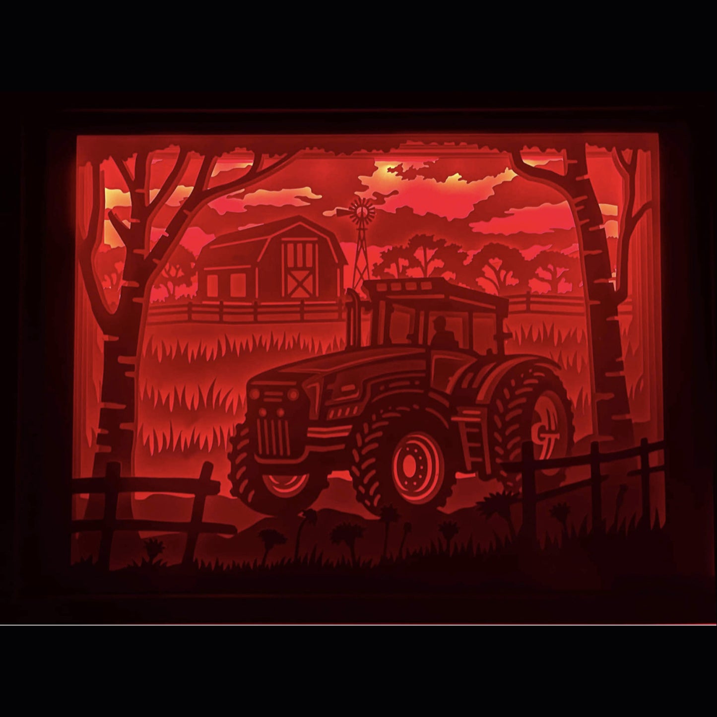 tracteur, tracteur de ferme, tracteur agricole, campagne, champs, labour, ferme et nature, engin agricole, silhouette tracteur, décor rural, tableau lumineux tracteur, lightbox campagne, shadowbox tracteur, papier découpé, décoration murale champêtre, idée cadeau agriculteur, déco ferme, univers agricole, cadre lumineux tracteur, travail de la terre